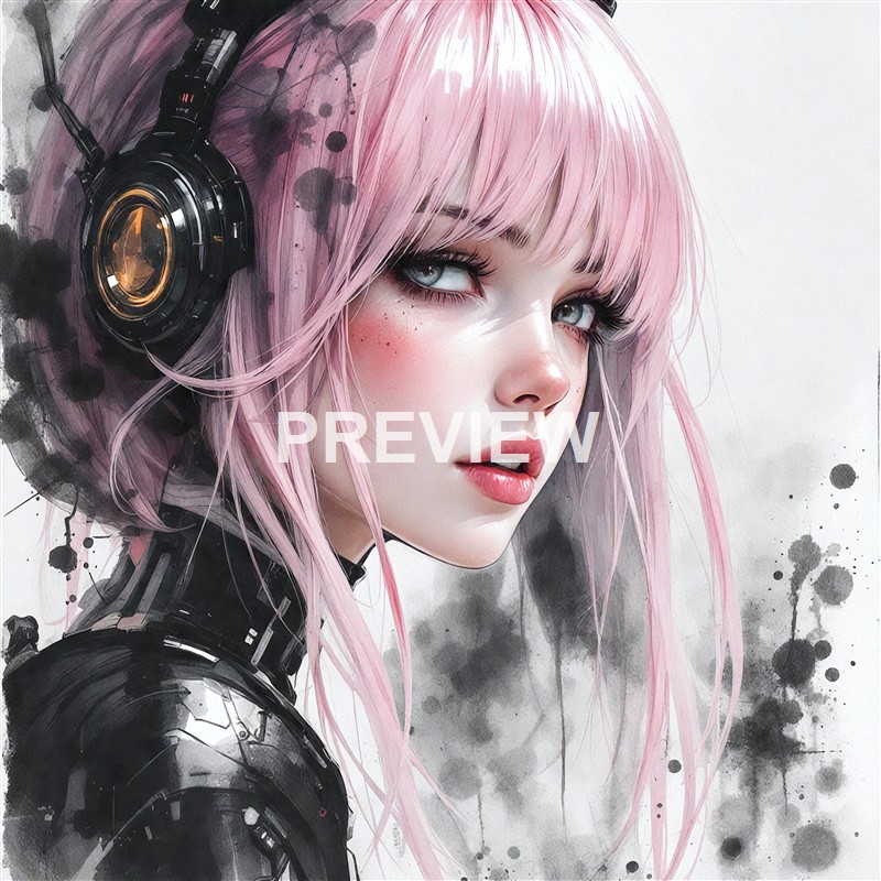 A highly detailed digital painting of a young woman with pink hair, wearing futuristic headphones and a sleek black outfit, with a background of abstract black and gray ink splatters.